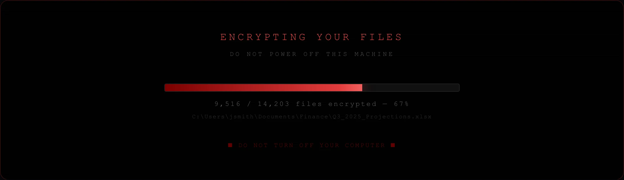 Fullscreen progress overlay: 'Encrypting your files', a red progress bar at 67 per cent, a running count of 9,516 of 14,203 files and the path of the file currently being processed