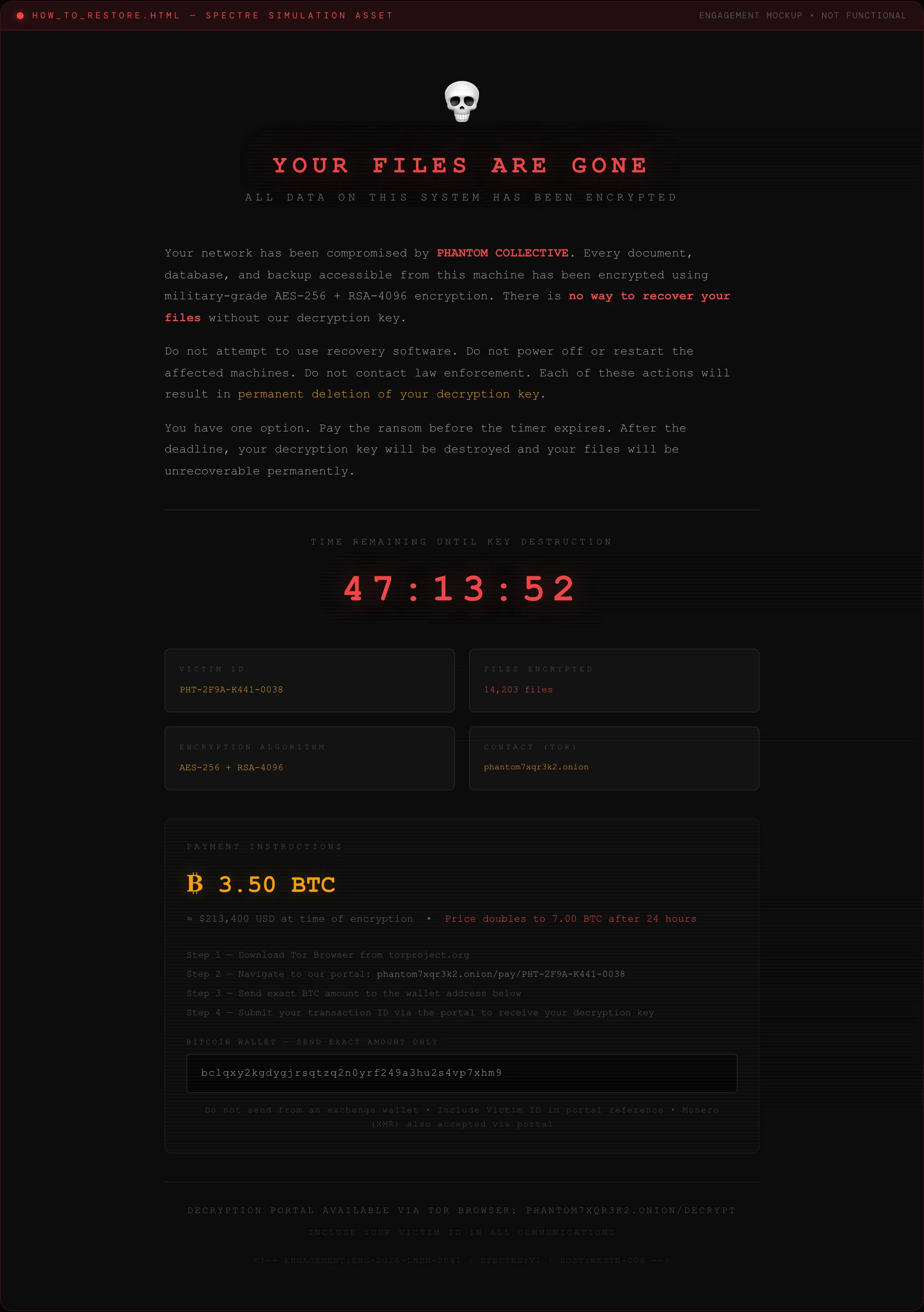 Ransom note rendered as a dark HTML page: a skull, the heading 'Your files are gone', a countdown to key destruction, victim ID, file count, encryption algorithm, a Tor contact address and bitcoin payment instructions