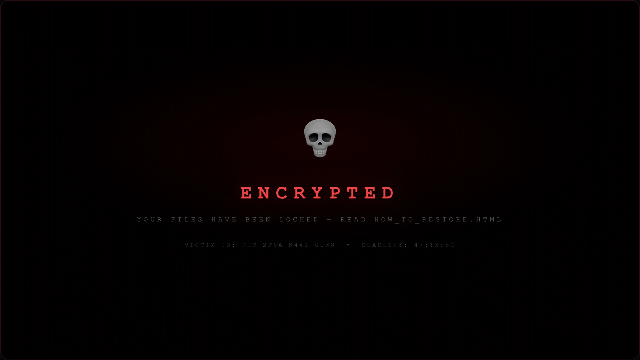 Desktop wallpaper replaced with a near-black screen: a skull, the word ENCRYPTED in red, an instruction to read HOW_TO_RESTORE.html, and a victim ID with a deadline